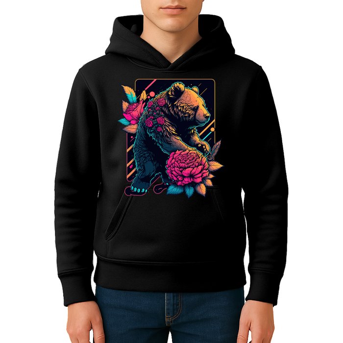 Design Featuring A Bear In Vibrant Neon Colors With A Retro Aesthetic Kids Hoodie