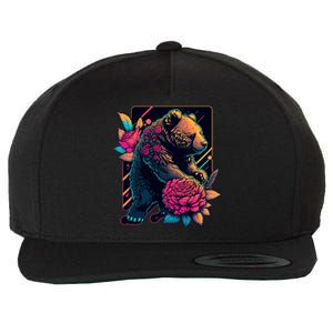 Design Featuring A Bear In Vibrant Neon Colors With A Retro Aesthetic Wool Snapback Cap