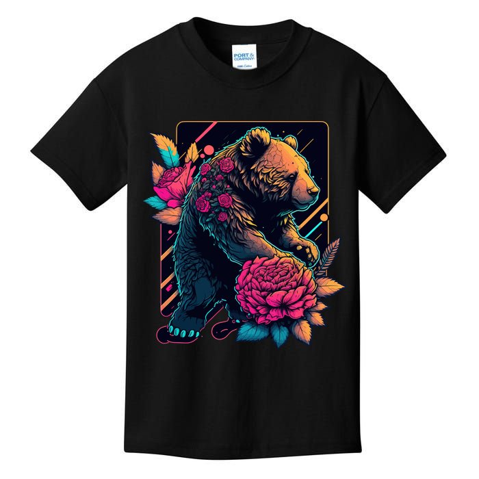 Design Featuring A Bear In Vibrant Neon Colors With A Retro Aesthetic Kids T-Shirt