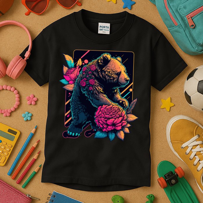 Design Featuring A Bear In Vibrant Neon Colors With A Retro Aesthetic Kids T-Shirt