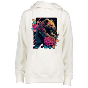 Design Featuring A Bear In Vibrant Neon Colors With A Retro Aesthetic Womens Funnel Neck Pullover Hood