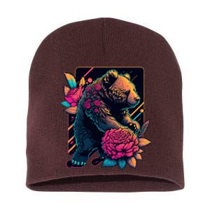 Design Featuring A Bear In Vibrant Neon Colors With A Retro Aesthetic Short Acrylic Beanie