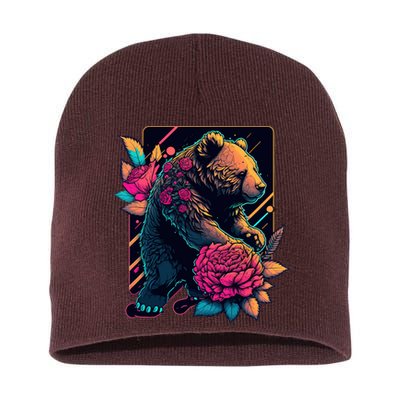 Design Featuring A Bear In Vibrant Neon Colors With A Retro Aesthetic Short Acrylic Beanie
