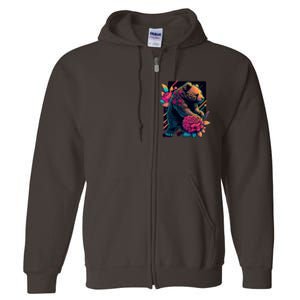 Design Featuring A Bear In Vibrant Neon Colors With A Retro Aesthetic Full Zip Hoodie