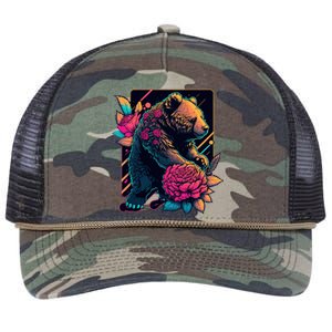 Design Featuring A Bear In Vibrant Neon Colors With A Retro Aesthetic Retro Rope Trucker Hat Cap