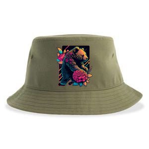 Design Featuring A Bear In Vibrant Neon Colors With A Retro Aesthetic Sustainable Bucket Hat