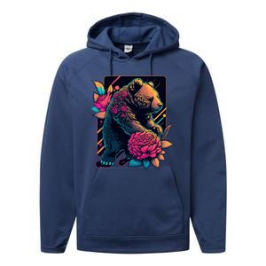 Design Featuring A Bear In Vibrant Neon Colors With A Retro Aesthetic Performance Fleece Hoodie