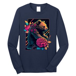 Design Featuring A Bear In Vibrant Neon Colors With A Retro Aesthetic Long Sleeve Shirt