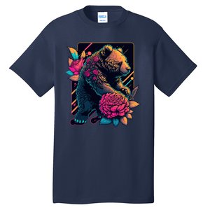 Design Featuring A Bear In Vibrant Neon Colors With A Retro Aesthetic Tall T-Shirt