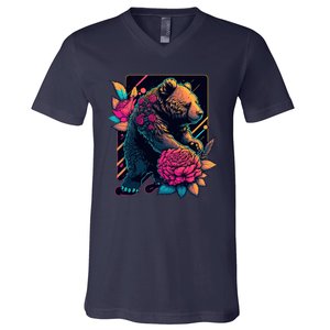 Design Featuring A Bear In Vibrant Neon Colors With A Retro Aesthetic V-Neck T-Shirt