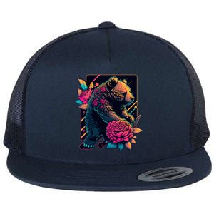 Design Featuring A Bear In Vibrant Neon Colors With A Retro Aesthetic Flat Bill Trucker Hat