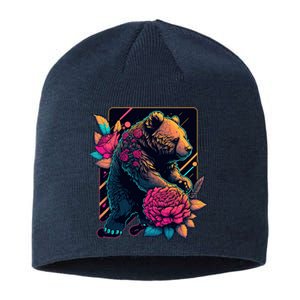 Design Featuring A Bear In Vibrant Neon Colors With A Retro Aesthetic Sustainable Beanie