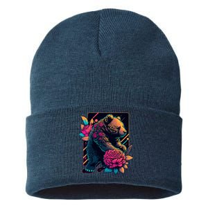 Design Featuring A Bear In Vibrant Neon Colors With A Retro Aesthetic Sustainable Knit Beanie