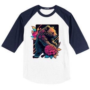 Design Featuring A Bear In Vibrant Neon Colors With A Retro Aesthetic Baseball Sleeve Shirt