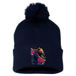 Design Featuring A Bear In Vibrant Neon Colors With A Retro Aesthetic Pom Pom 12in Knit Beanie