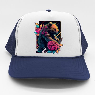 Design Featuring A Bear In Vibrant Neon Colors With A Retro Aesthetic Trucker Hat