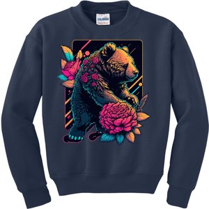 Design Featuring A Bear In Vibrant Neon Colors With A Retro Aesthetic Kids Sweatshirt