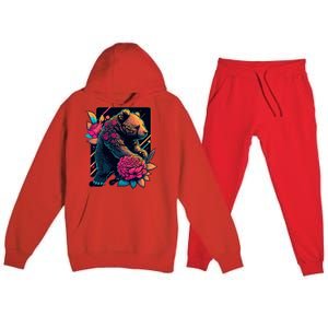 Design Featuring A Bear In Vibrant Neon Colors With A Retro Aesthetic Premium Hooded Sweatsuit Set