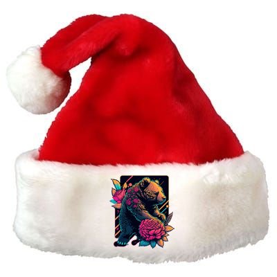 Design Featuring A Bear In Vibrant Neon Colors With A Retro Aesthetic Premium Christmas Santa Hat