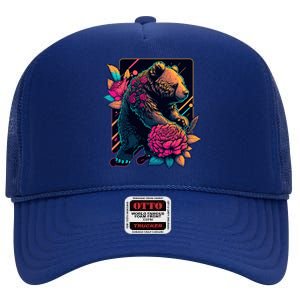 Design Featuring A Bear In Vibrant Neon Colors With A Retro Aesthetic High Crown Mesh Back Trucker Hat