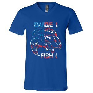 Dude! Fish! Bass American Flag Tee Cool Gift V-Neck T-Shirt