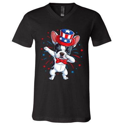 Dabbing French Bulldog 4th Of July Usa Flag V-Neck T-Shirt