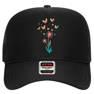 Dandelion Flower Butterfly For Butterfly Lover Summer High Crown Mesh Back Trucker Hat