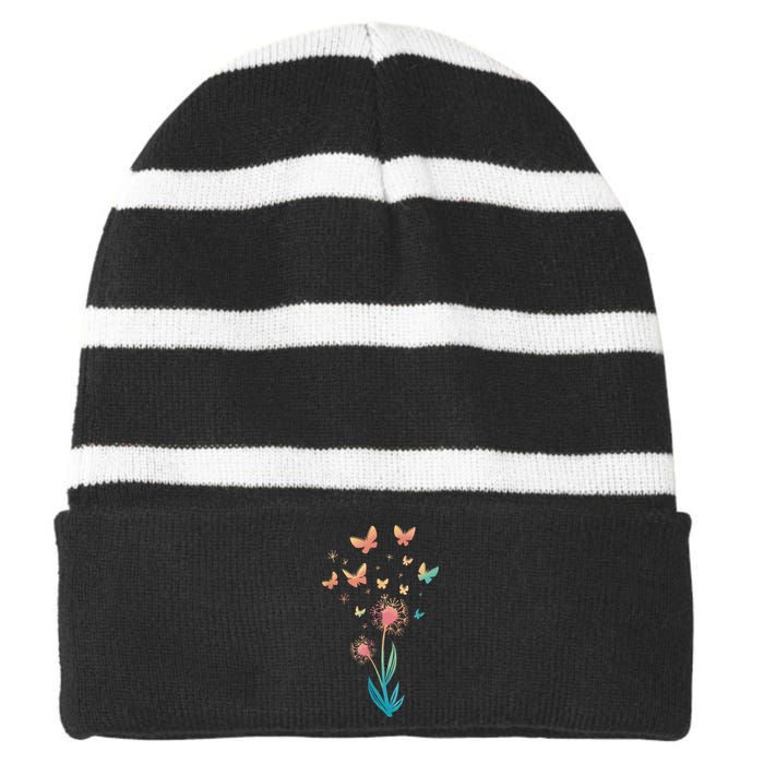 Dandelion Flower Butterfly For Butterfly Lover Summer Striped Beanie with Solid Band