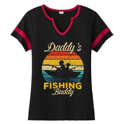 Daddys Fishing Buddy Funny Retro Dad Son Gift For Fisherman Ladies Halftime Notch Neck Tee