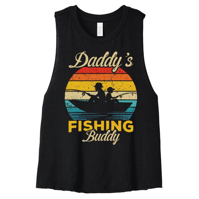 Daddys Fishing Buddy Funny Retro Dad Son Gift For Fisherman Women's Racerback Cropped Tank