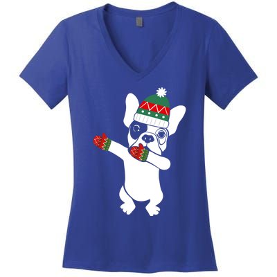 Dabbing French Bulldog Santa Christmas Funny Gift Xmas Meaningful Gift Women's V-Neck T-Shirt