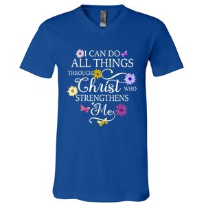 Daisy Flower Butterfly I Can Do All Things Through Christ Gift V-Neck T-Shirt