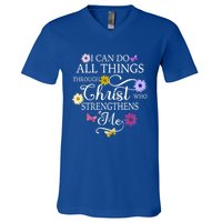 Daisy Flower Butterfly I Can Do All Things Through Christ Gift V-Neck T-Shirt