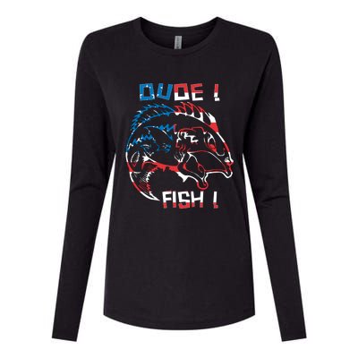 Dude! Fish! Bass American Flag Tee Gift Womens Cotton Relaxed Long Sleeve T-Shirt