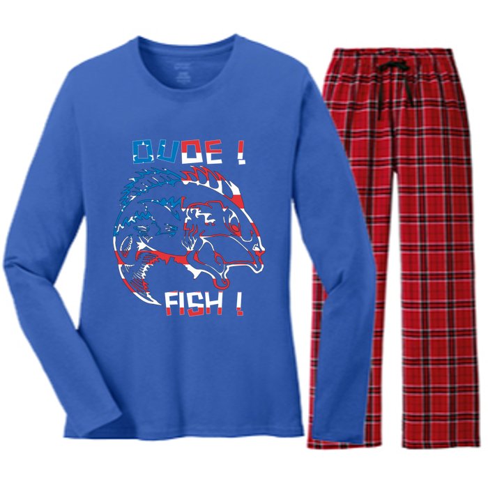 Dude! Fish! Bass American Flag Tee Gift Women's Long Sleeve Flannel Pajama Set 