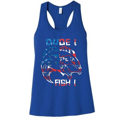 Dude! Fish! Bass American Flag Tee Gift Women's Racerback Tank