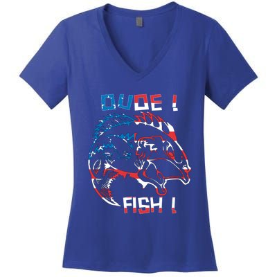 Dude! Fish! Bass American Flag Tee Gift Women's V-Neck T-Shirt