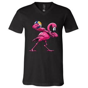 Dabbing Flamingo Costume Volleyball Player Fan Lover Team V-Neck T-Shirt