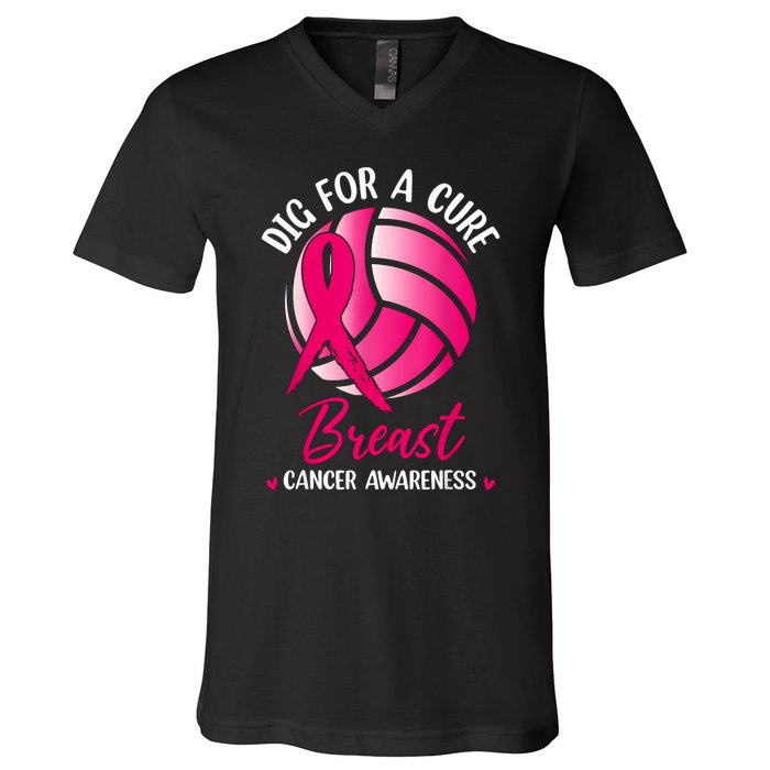 Dig For Cure Ribbon Volleyball Breast Cancer Awareness V-Neck T-Shirt