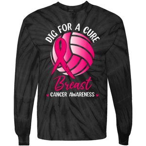 Dig For Cure Ribbon Volleyball Breast Cancer Awareness Tie-Dye Long Sleeve Shirt