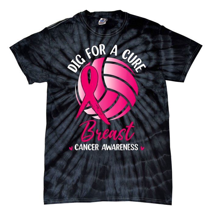 Dig For Cure Ribbon Volleyball Breast Cancer Awareness Tie-Dye T-Shirt