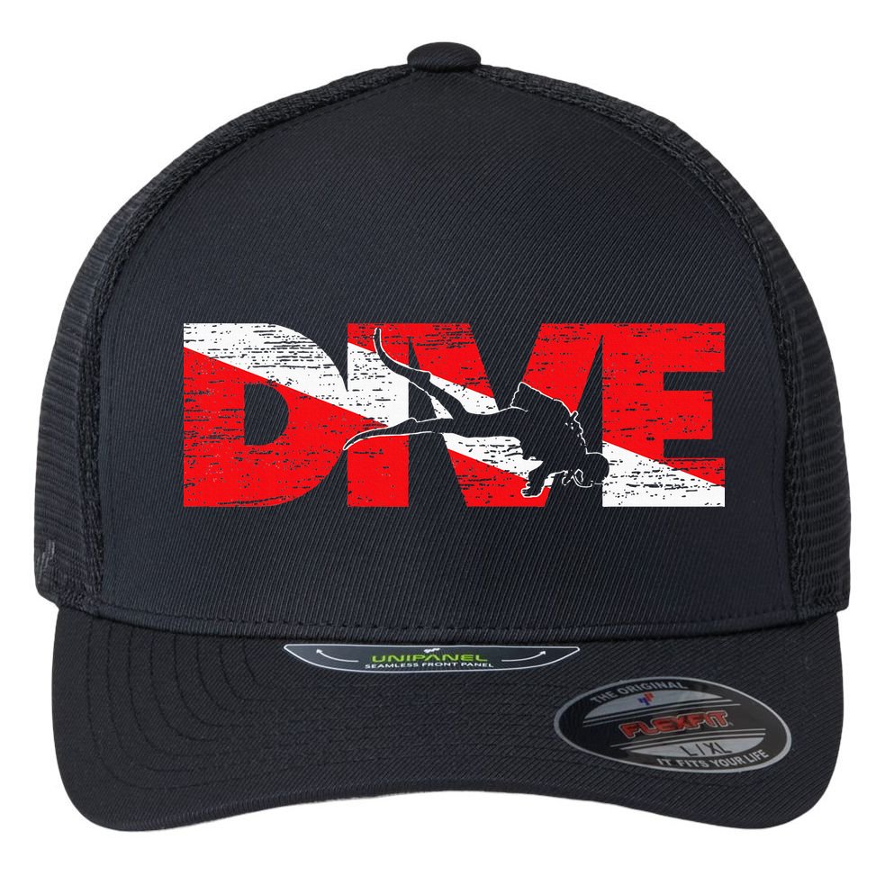 Dive Flag Diver Down Aquaholic Scuba Diving Ocean Life Flexfit Unipanel Trucker Cap