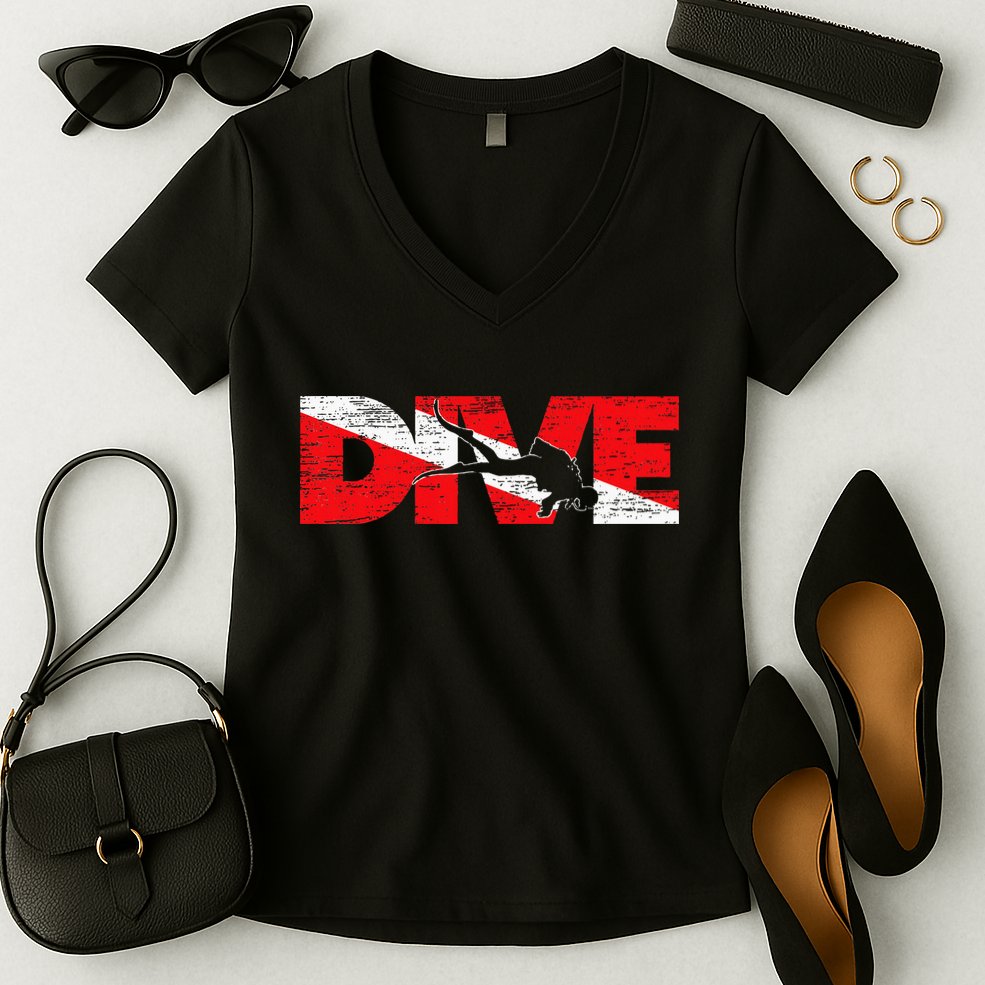 Dive Flag Diver Down Aquaholic Scuba Diving Ocean Life Women's V-Neck T-Shirt