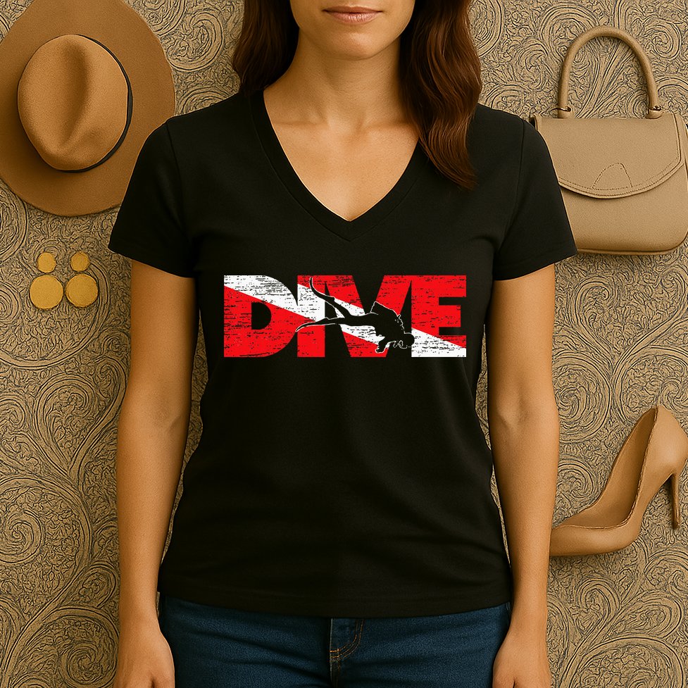 Dive Flag Diver Down Aquaholic Scuba Diving Ocean Life Women's V-Neck T-Shirt