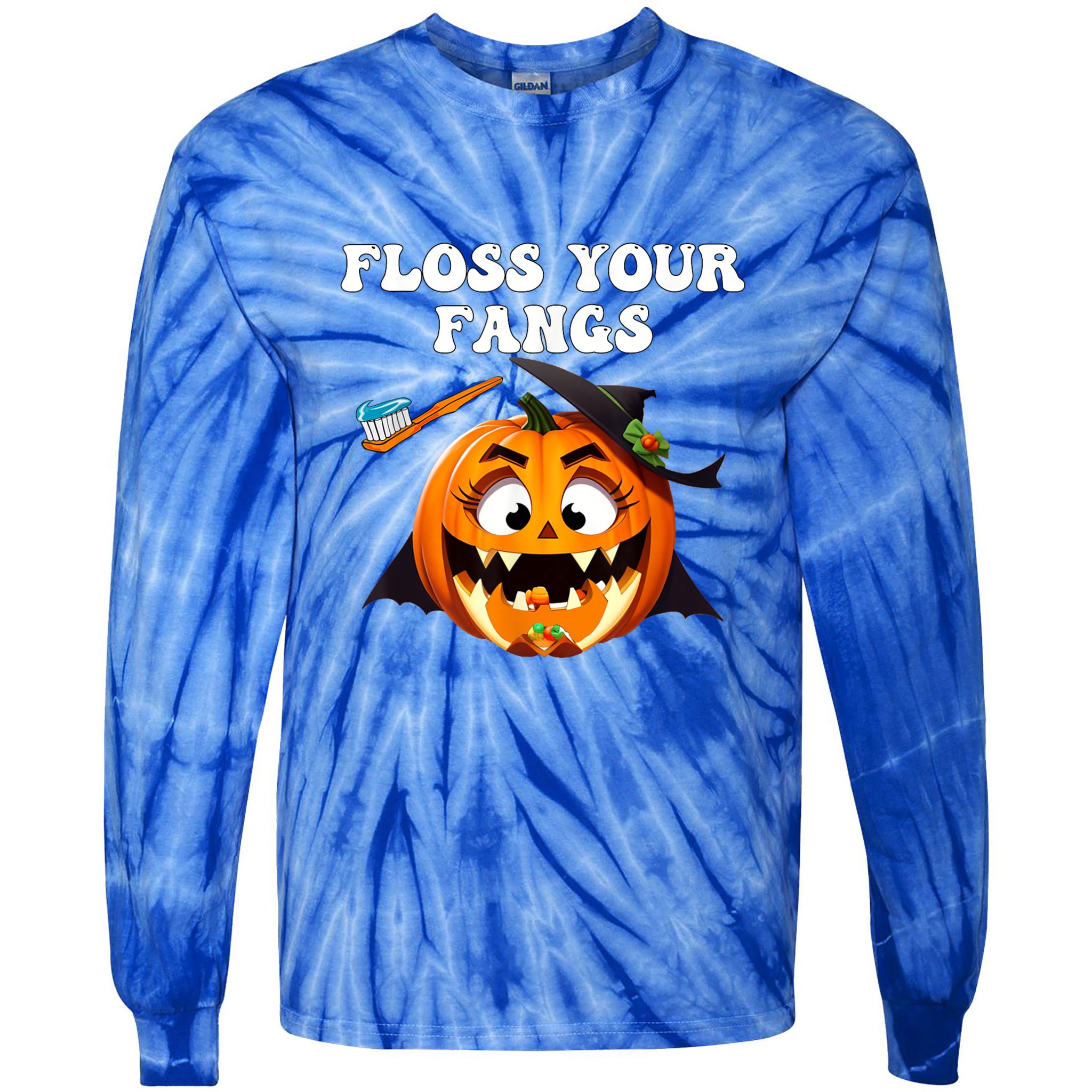 Dental Funny Floss Your Fangs Dentist Halloween Tie-Dye Long Sleeve Shirt