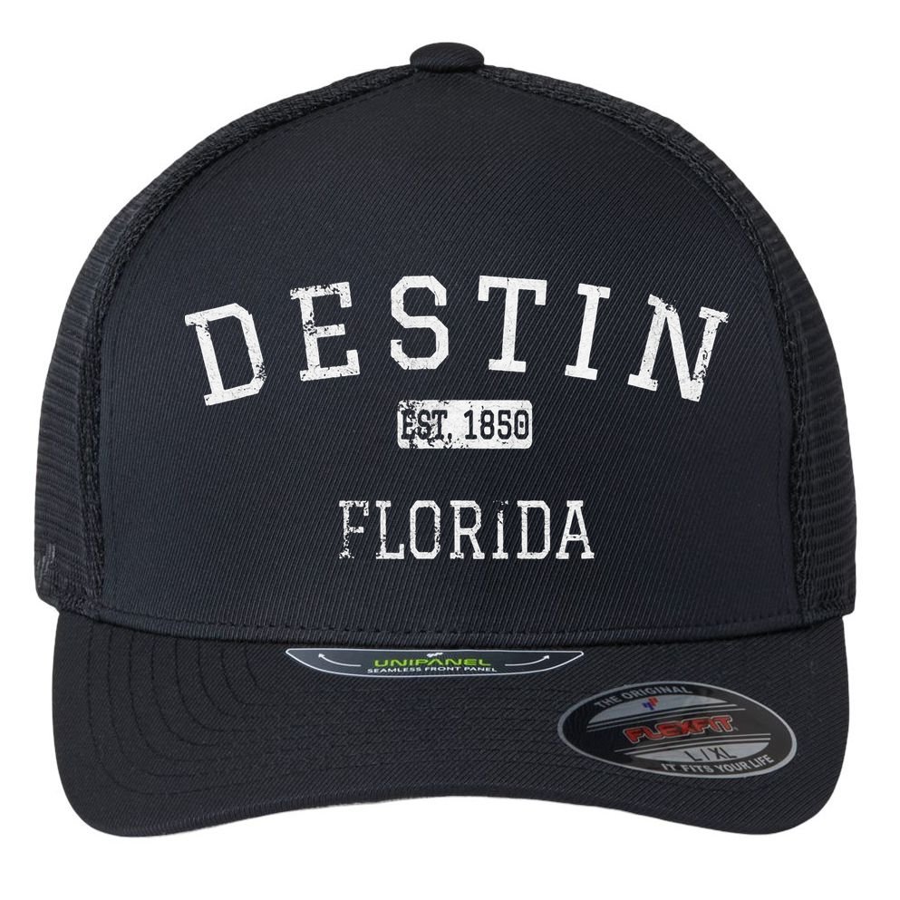Destin Florida FL Vintage stage athletic style Flexfit Unipanel Trucker Cap