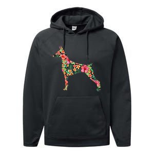 Doberman Flower Funny Dog Silhouette Floral Gifts  Performance Fleece Hoodie