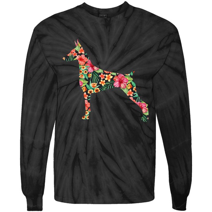 Doberman Flower Funny Dog Silhouette Floral Gifts  Tie-Dye Long Sleeve Shirt