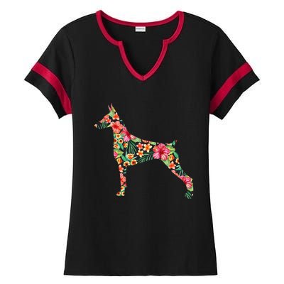 Doberman Flower Funny Dog Silhouette Floral Gifts Women Ladies Halftime Notch Neck Tee