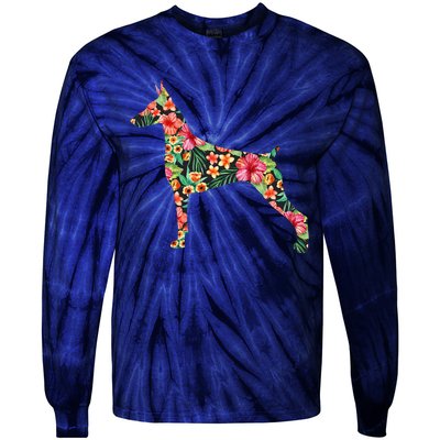 Doberman Flower Funny Dog Silhouette Floral Gifts Women Tie-Dye Long Sleeve Shirt